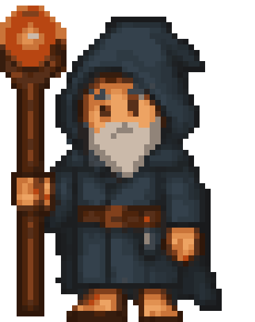 El maestro, un mago pixel art de barba gris con un bastón