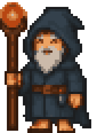 El maestro, un mago pixel art de barba gris con un bastón
