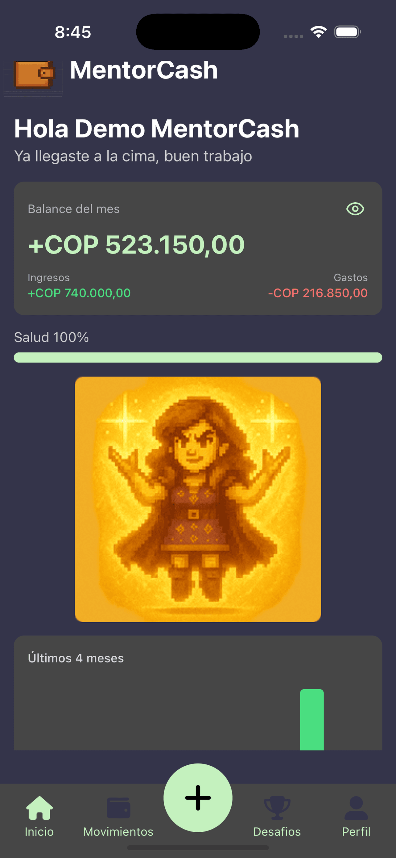 Inicio de MentorCash: balance del mes, barra de salud al 100 % y el avatar de una hechicera brillando