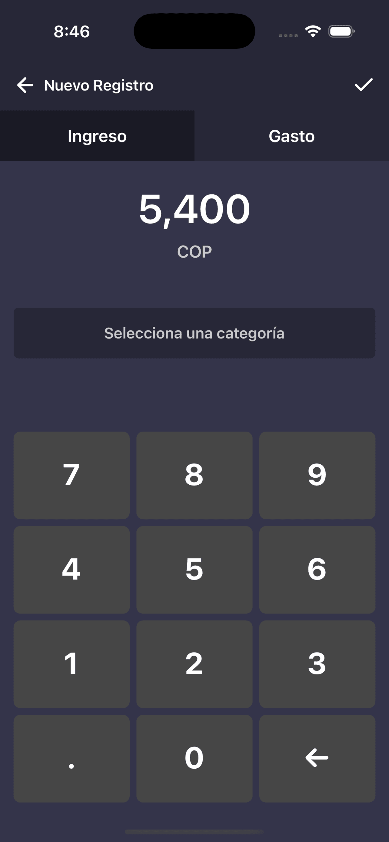 Pantalla de nuevo registro con monto, categoría y fecha