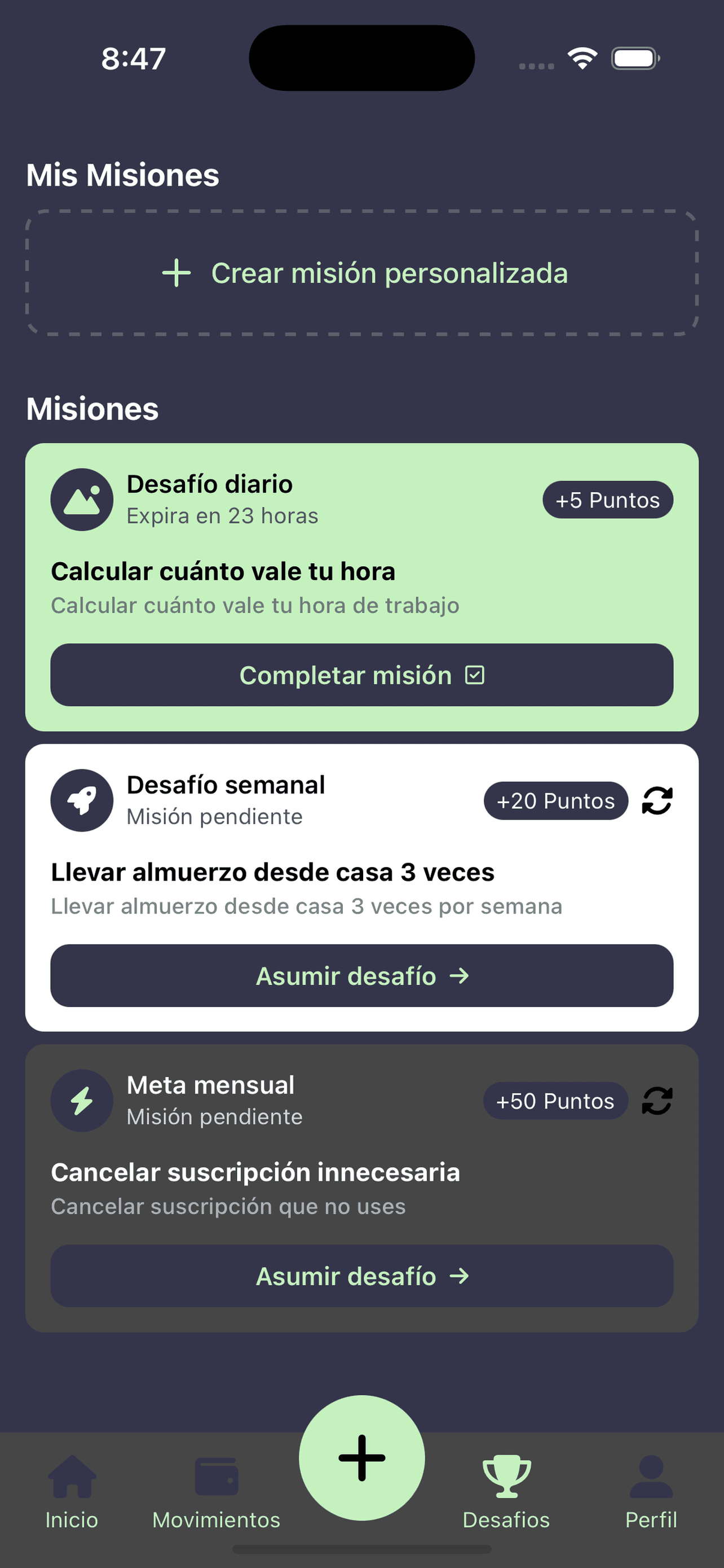 Pantalla de misiones diarias y semanales